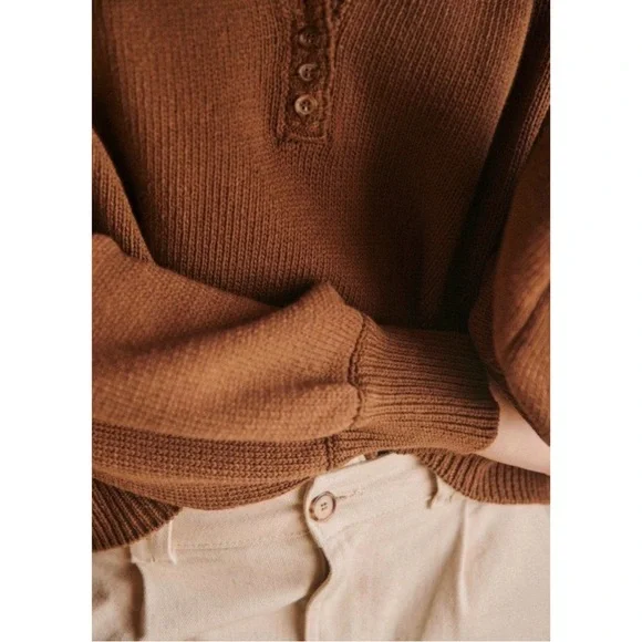 SEZANE Tan Brown Organic Cotton Button Balloon Sleeve Sweater Leontine Jumper - Picture 3 of 13